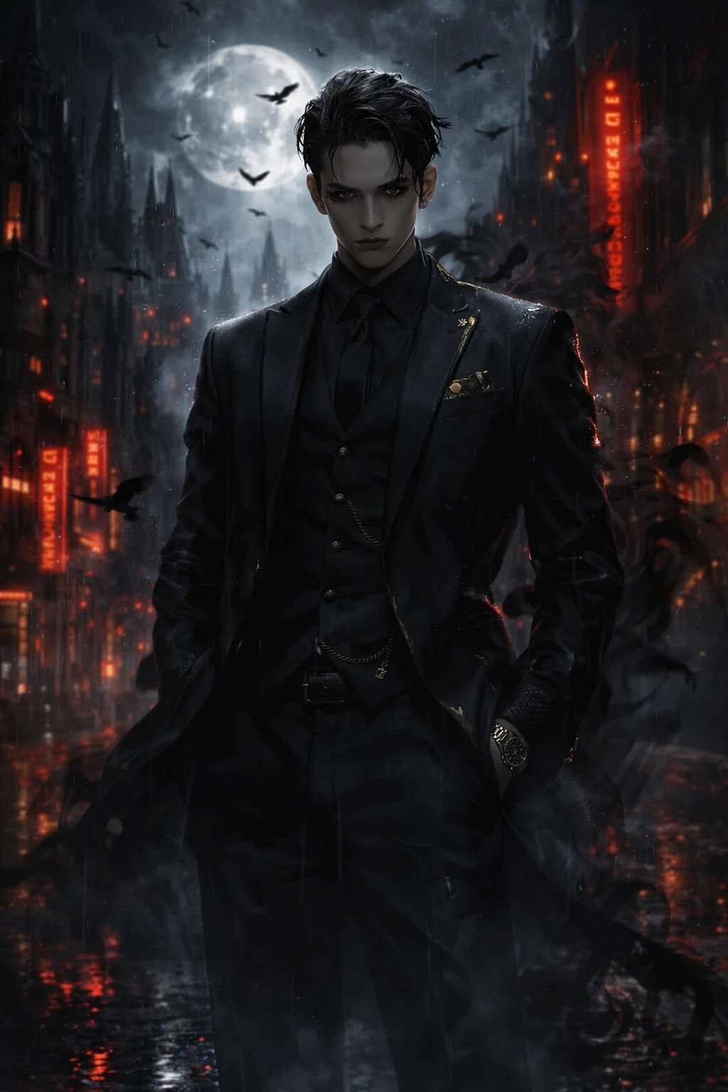 Young mafia boss in a dark neon drenched fantasy city