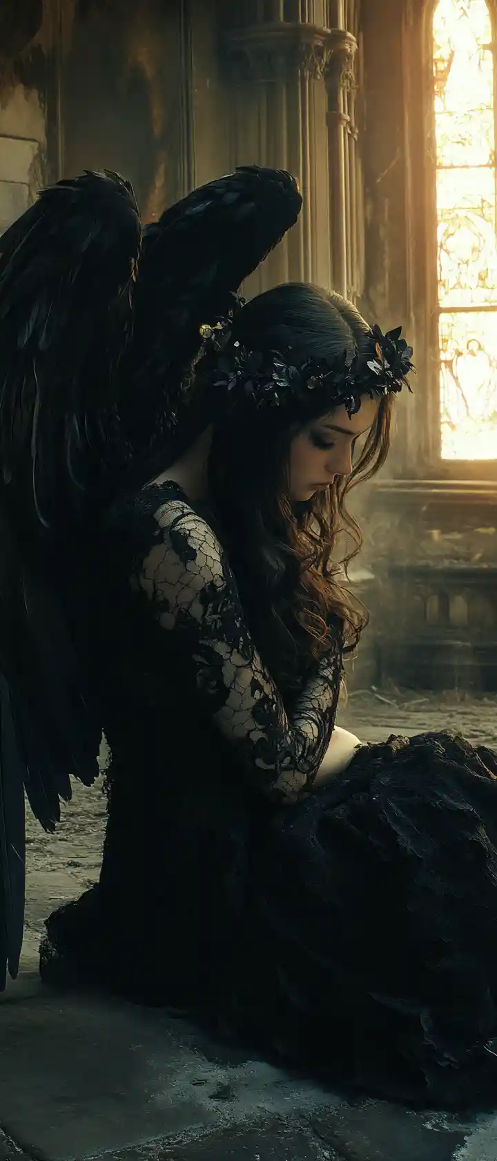 Melancholic Angel Woman In An Abandoned Candlelit Church