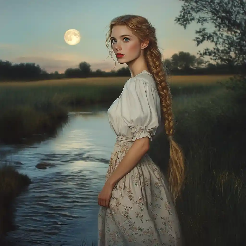 Chica con trenza de pie junto a un río iluminado por la luna
