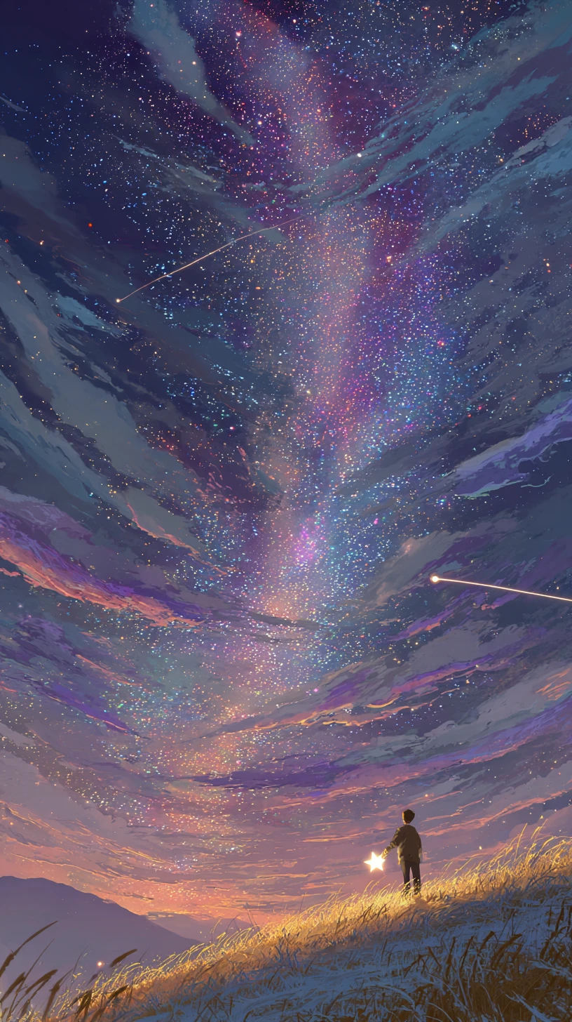 夜裡走在山丘上 手捧發光星星的男人