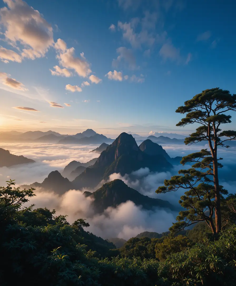 Golden light over misty Huangshan mountain peaks