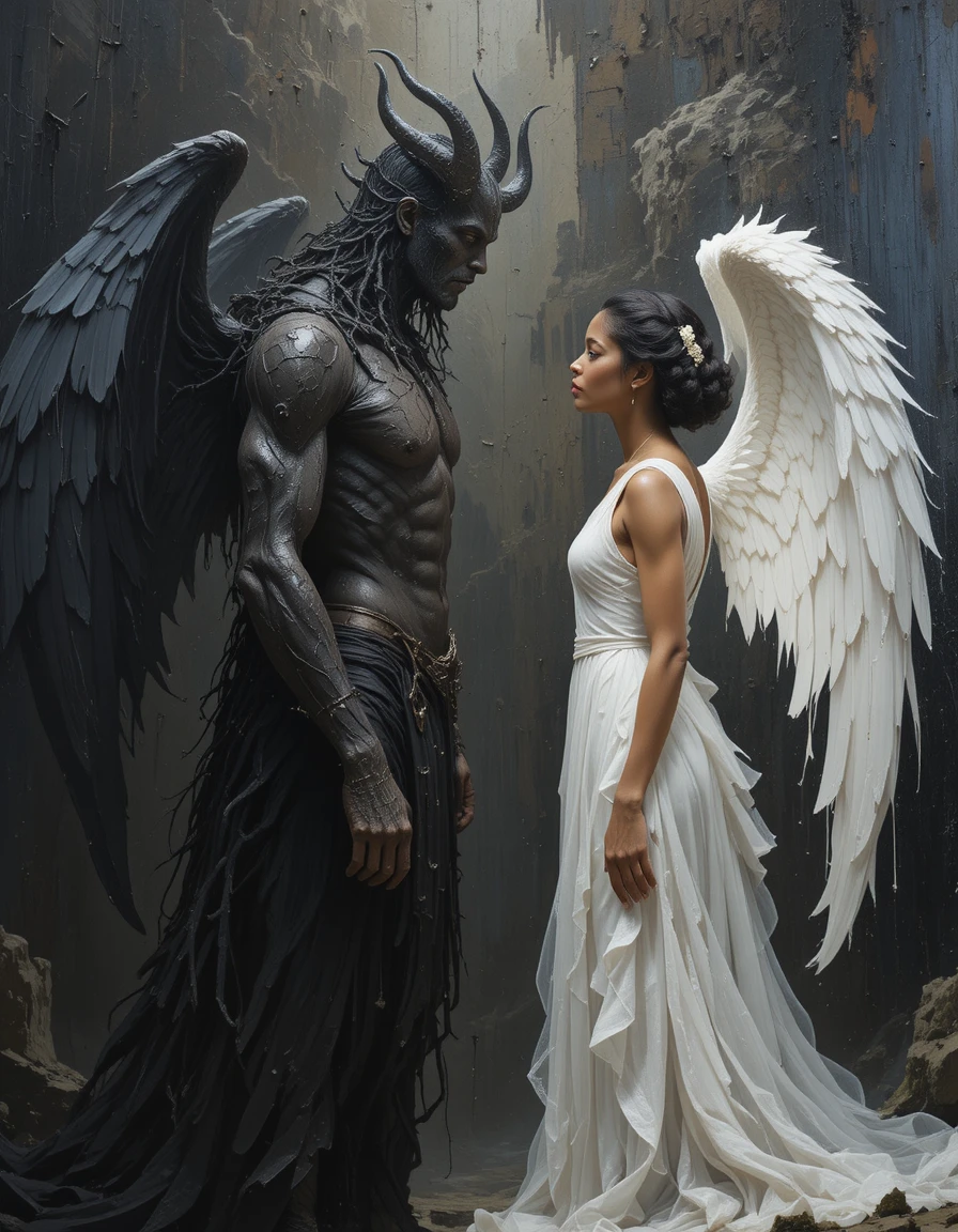 Angel and demon facing each other atop a dark castle