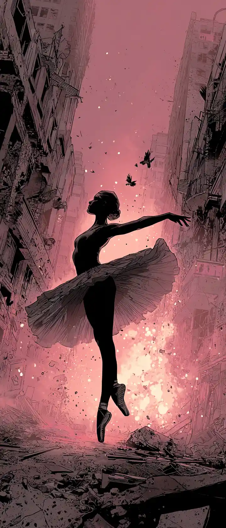 Junge Ballerina im Pirouettensprung in einer zerstörten monochromen Stadt