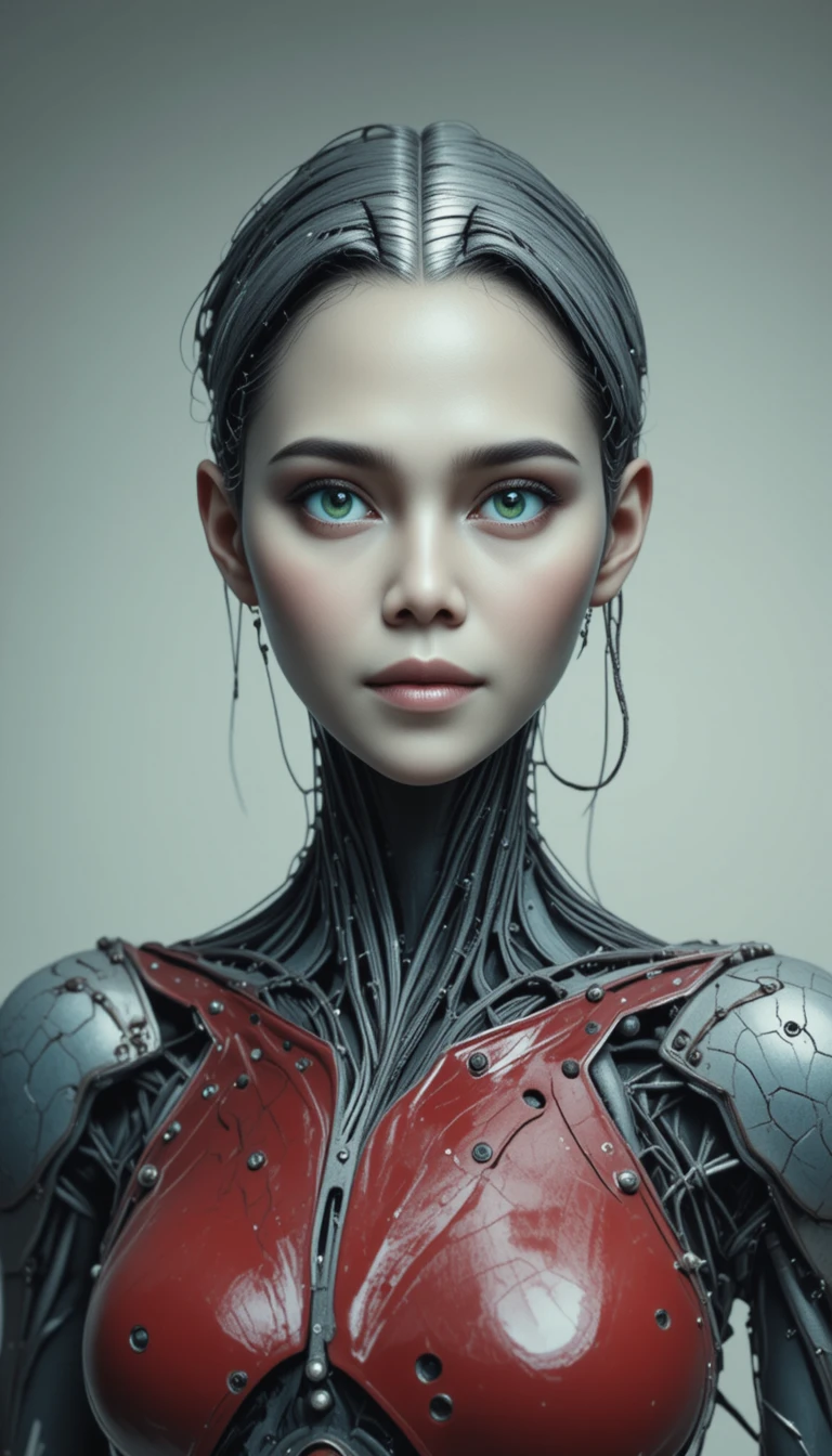 Futuristic humanoid robot with porcelain skin and green eyes