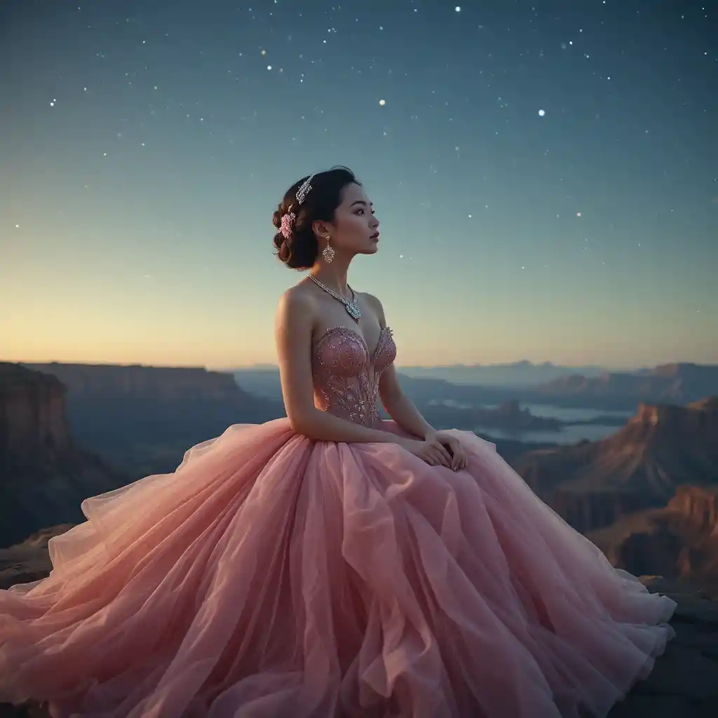 Frau im rosa Kleid blickt von einer Klippe zu den Sternen