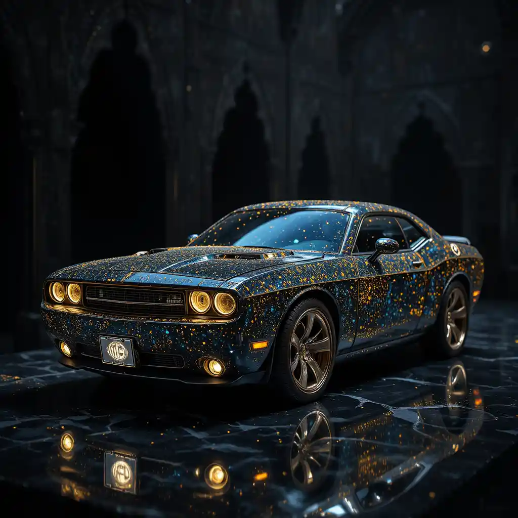 Scultura di auto in opale dorata con oro nel vuoto oscuro