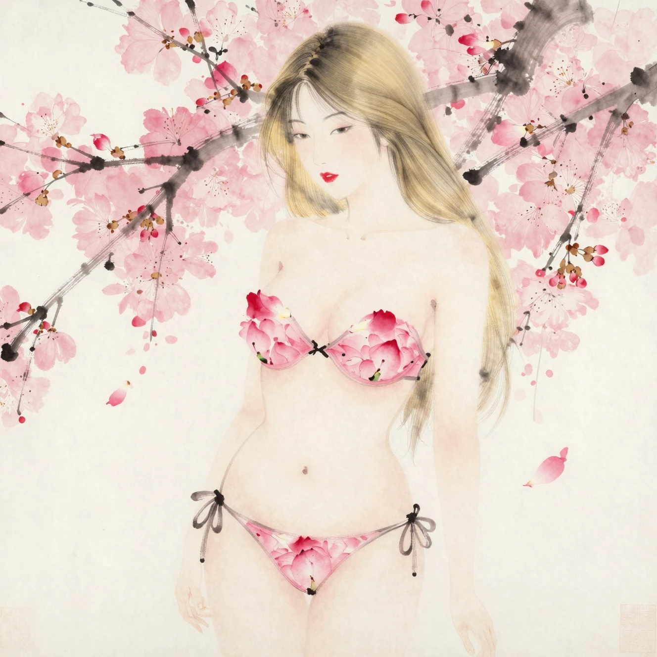 Ink wash woman shaped from rose petals with blossoms