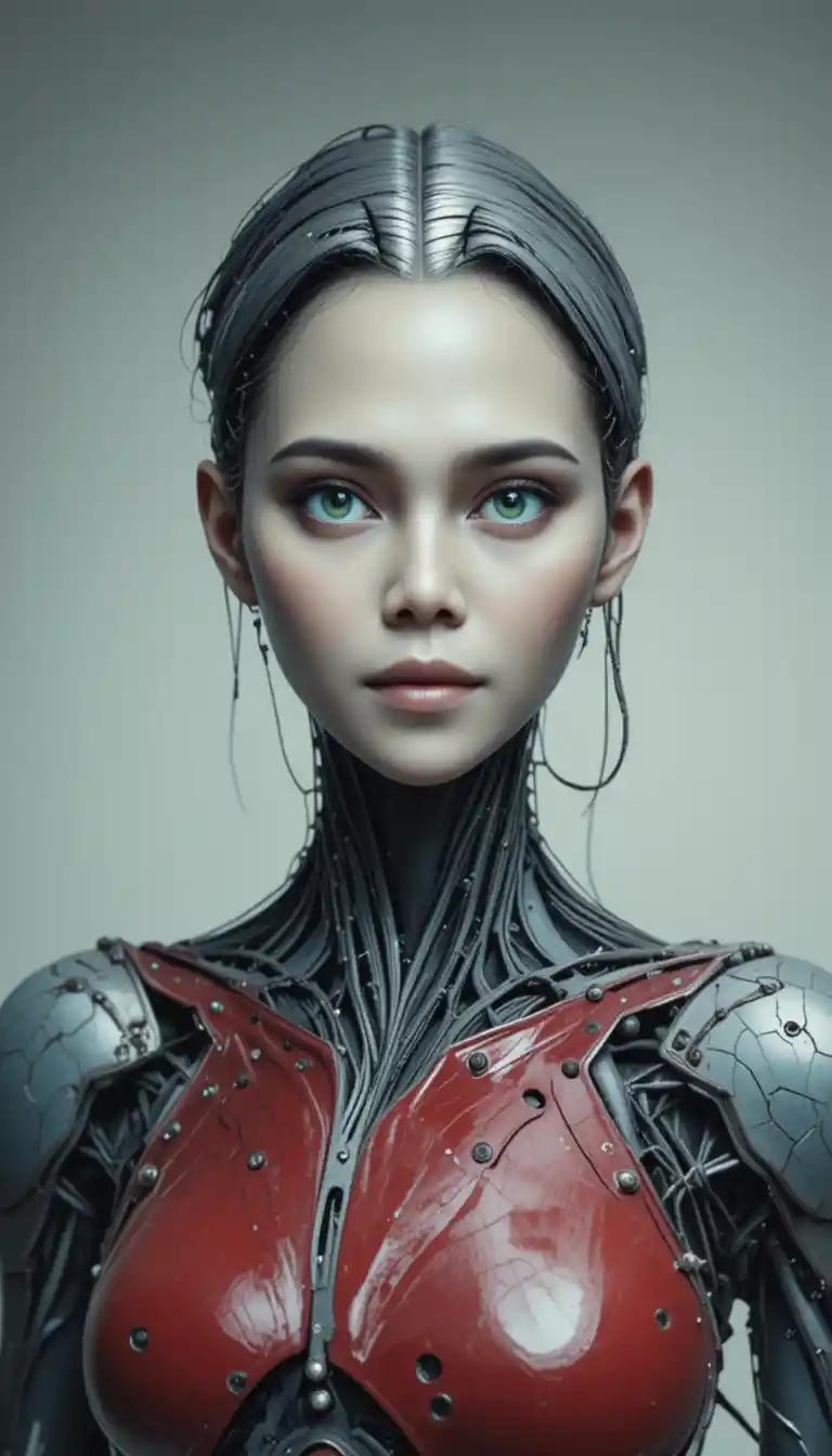 Futuristic humanoid robot with porcelain skin and green eyes