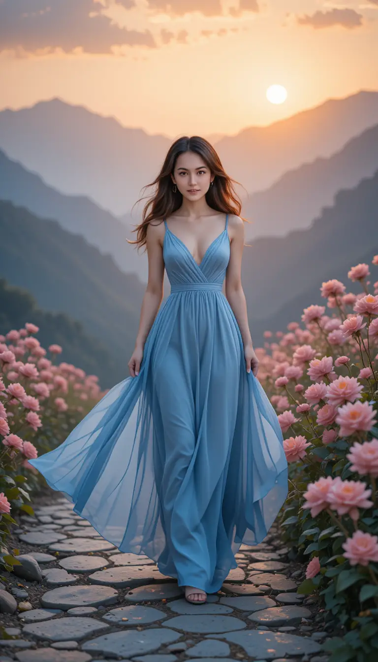 Young woman in blue dress walking a mountain path at sunset