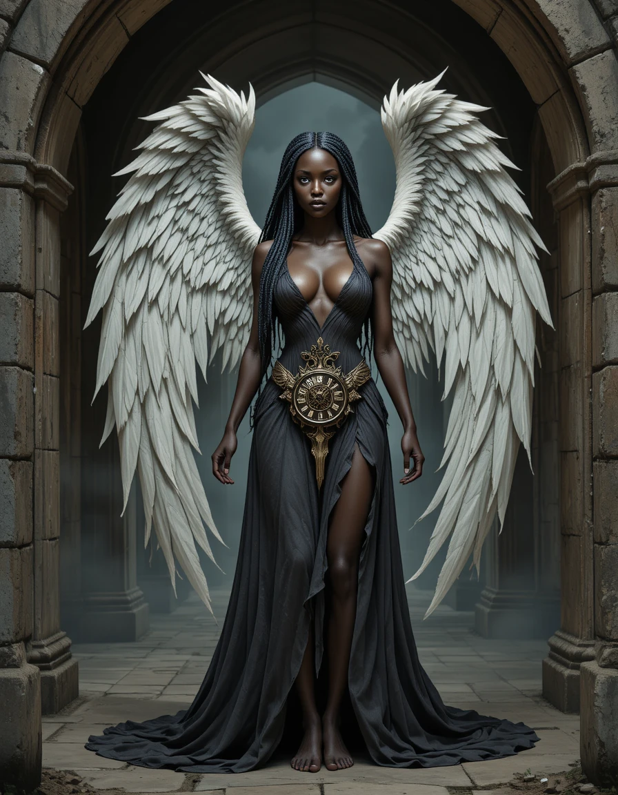 Gothic angelic timekeeper in a medieval stone archway