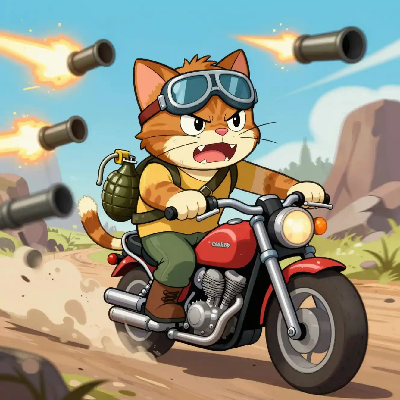 Cartoon war cat on motorcycle in chaotic battlefield