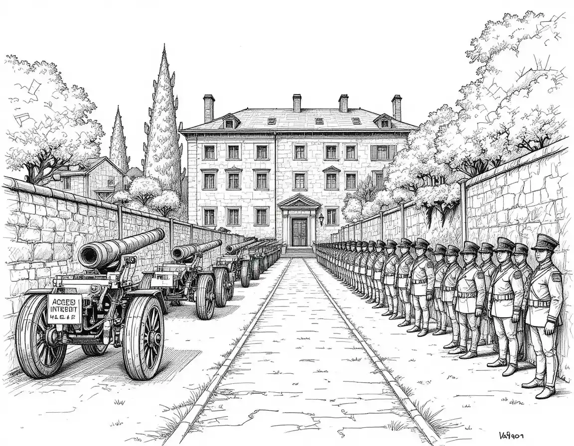 Military trucks passing through an armed checkpoint near a villa