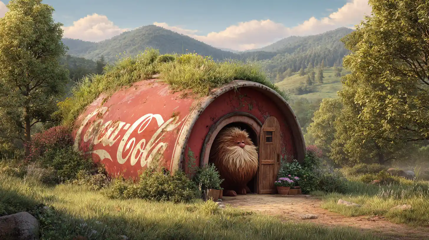 Whimsical creature home in a vintage cola can garden