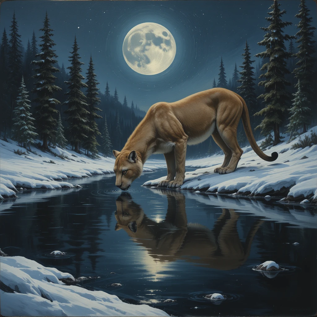 Puma buvant dans un lac au clair de lune dans une forêt hivernale