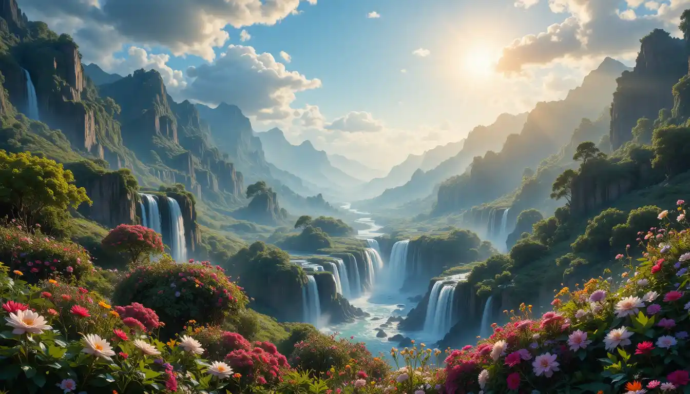 Sunlit waterfalls in a lush green mountain valley