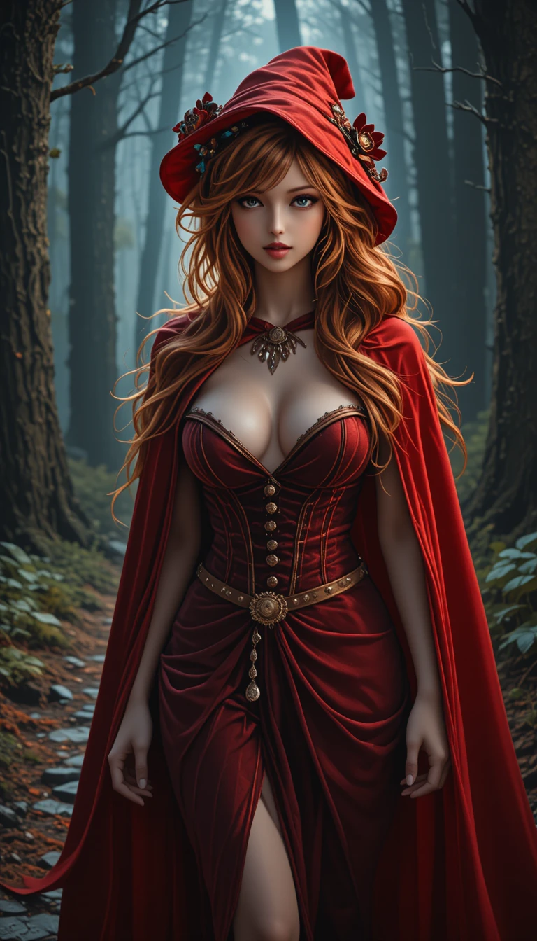 Red cloaked woman walking on a dark forest path