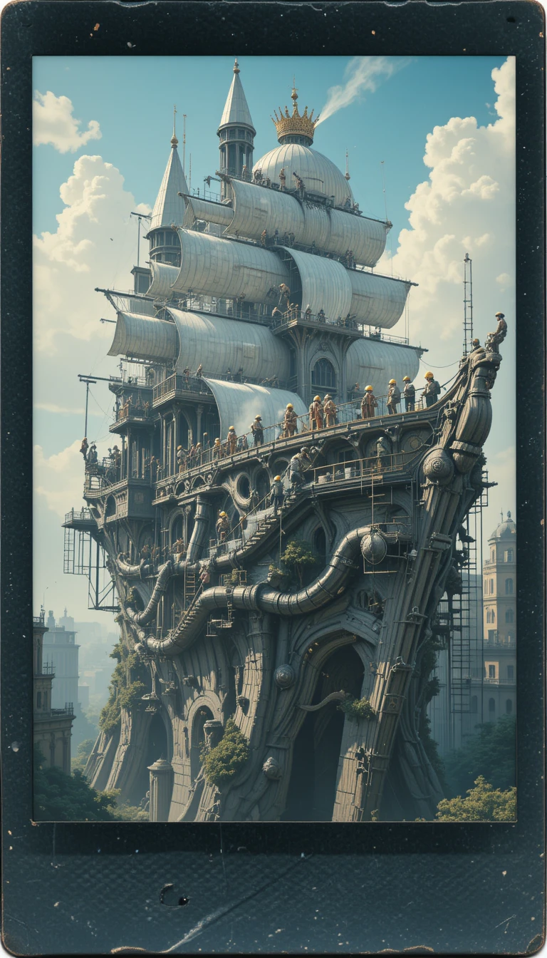 Palacio surreal de barco pirata flotando sobre un mar de nubes
