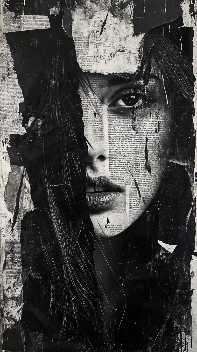 Portrait of a girl obscured by torn newspaper collage