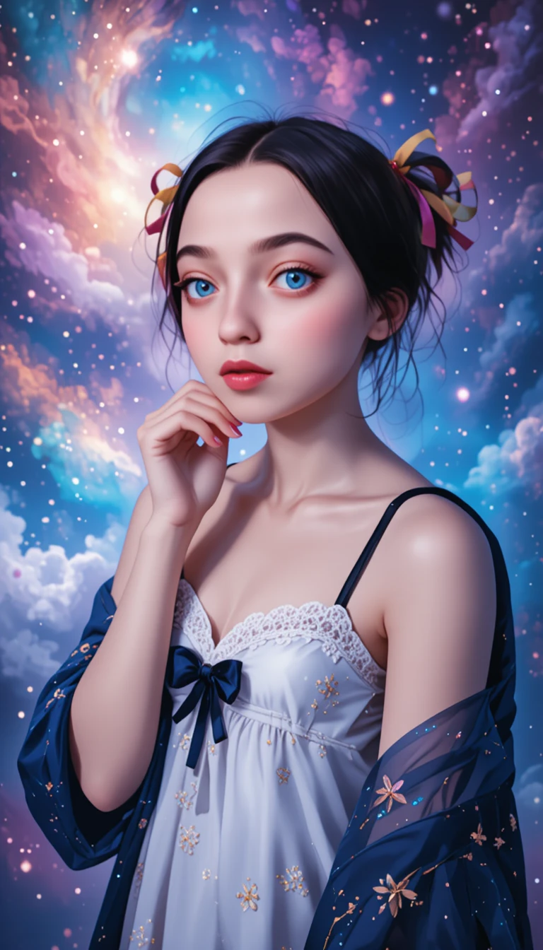 Anime girl in starry nightgown before colorful cosmic nebula