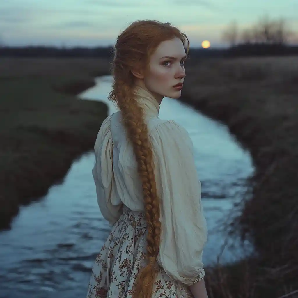 Fille aux tresses dorées au bord d’une rivière au clair de lune