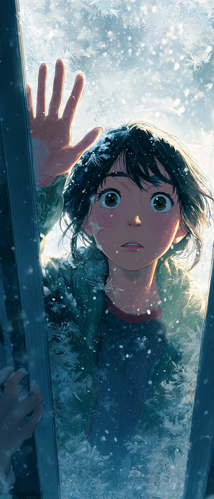 Woman in snow touching the frosted window of her childhood home