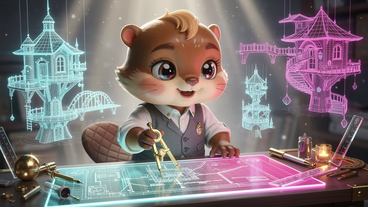 Adorable Bébé Castor Architecte avec Plans Fantastiques Lumineux