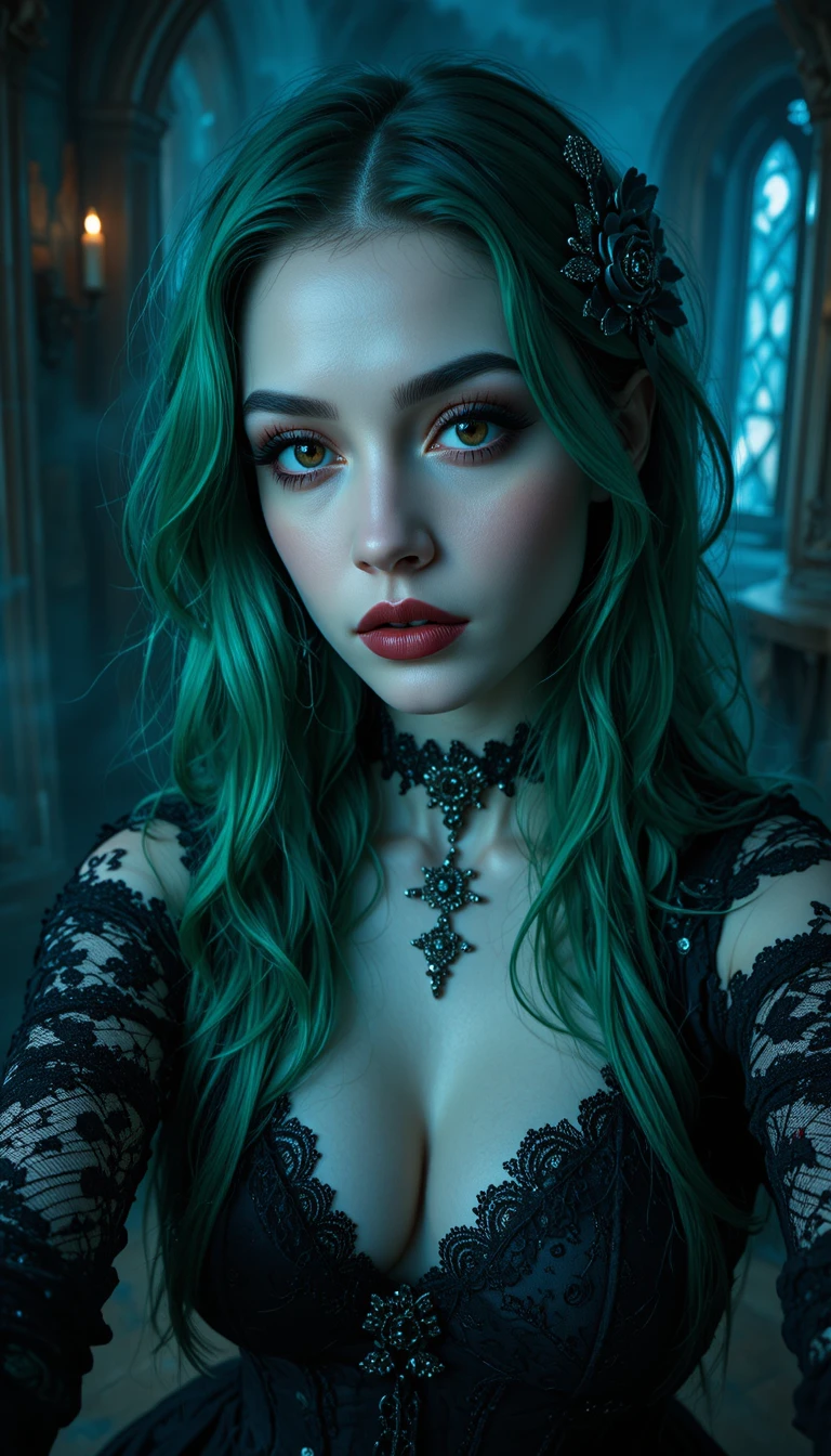 Gothic woman selfie with emerald hair in candlelit room