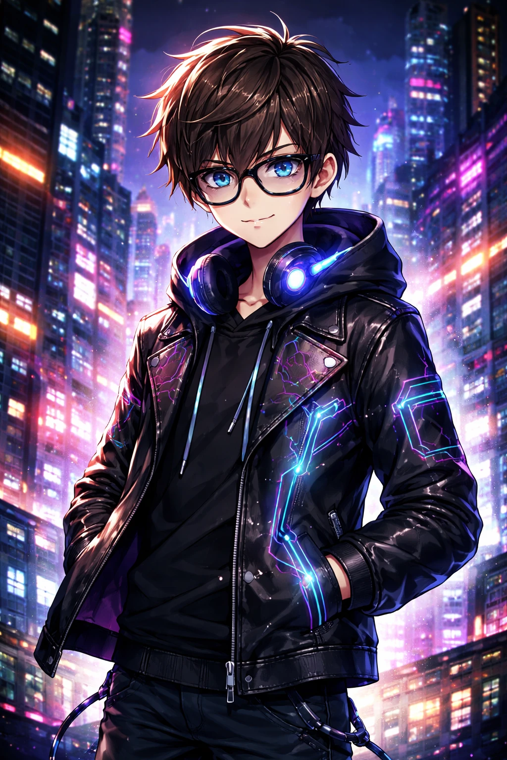 Chico de anime en ciudad cyberpunk neón con chaqueta brillante
