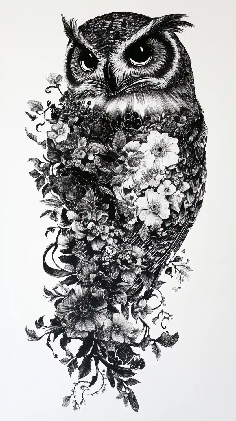 Intricate Ink Owl Illustration Formed From Floral Elements