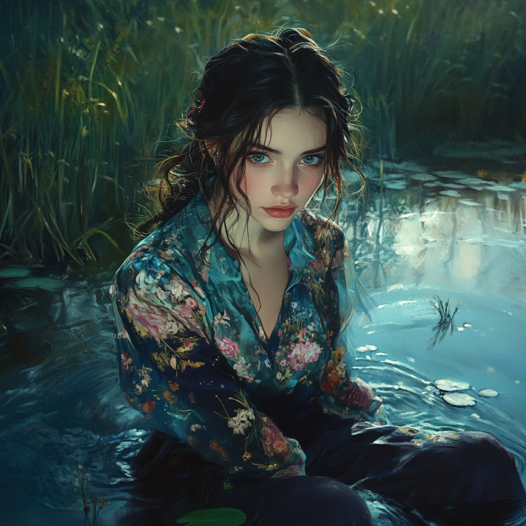 Young woman by a moonlit river in quiet reflection