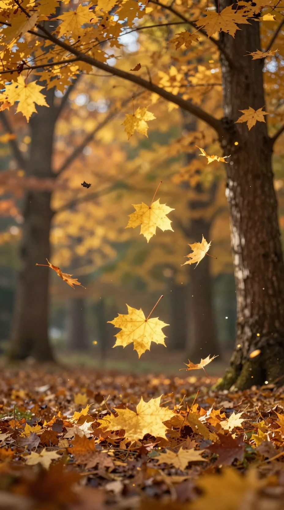Foglia d'acero dorata che fluttua in una calda foresta autunnale