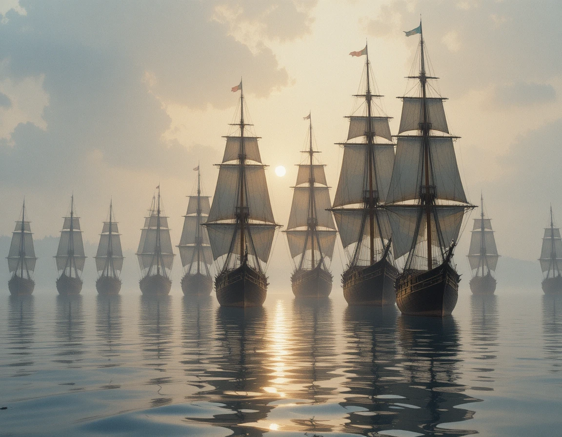 Sailing ships anchored in a tranquil river at dawn