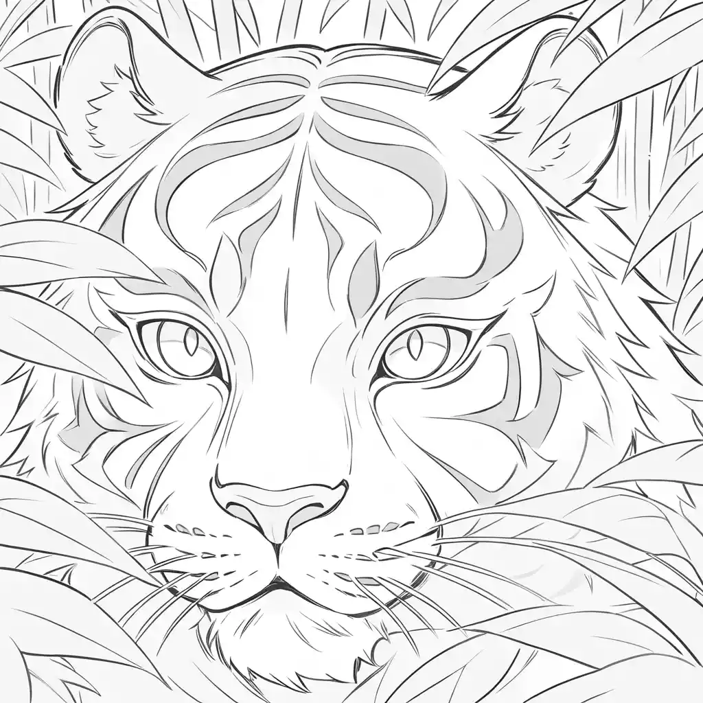 Portrait de tigre en gros plan derrière un feuillage bleu avec lumière éclatante