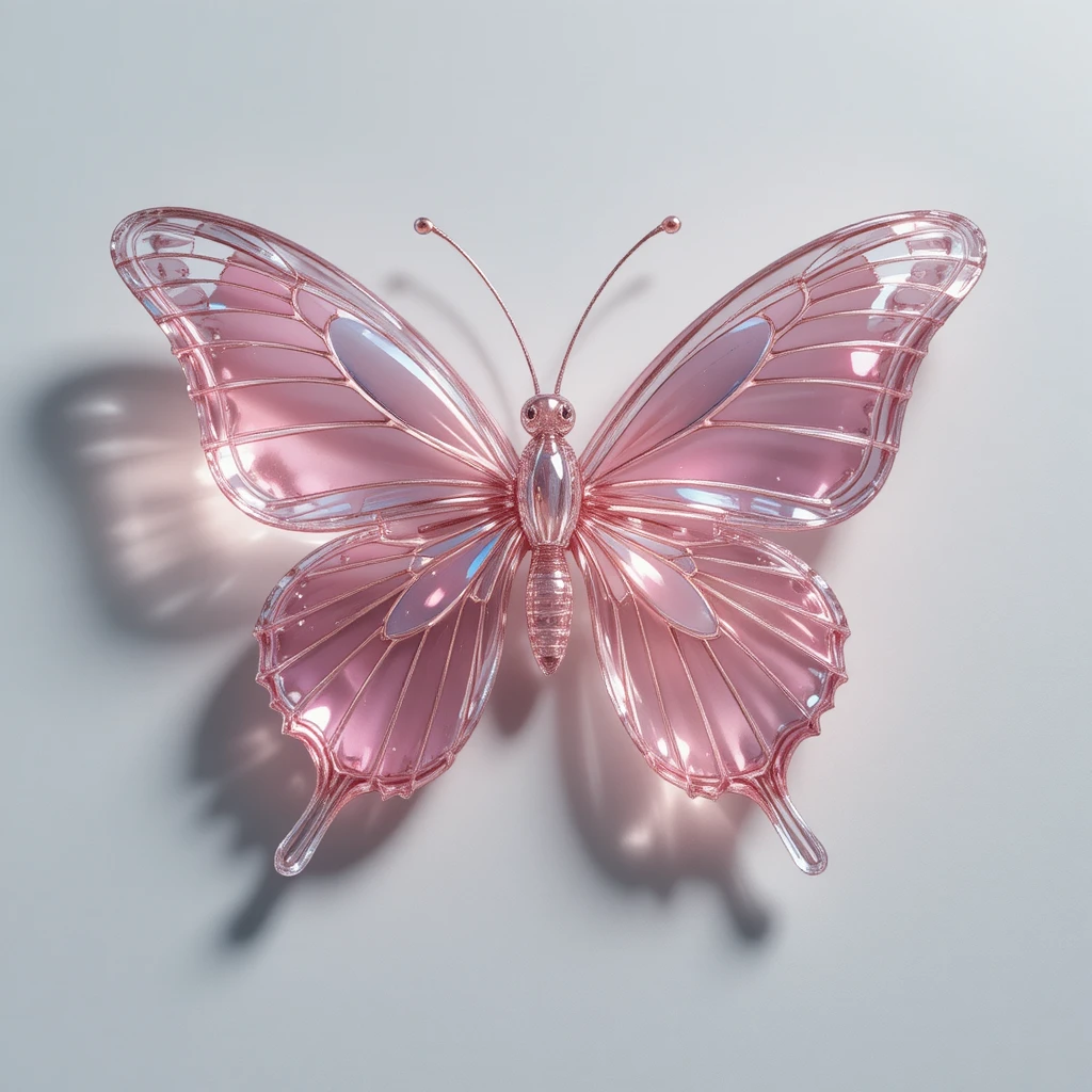 Farfalla di vetro con ali di cristallo rosa su sfondo bianco