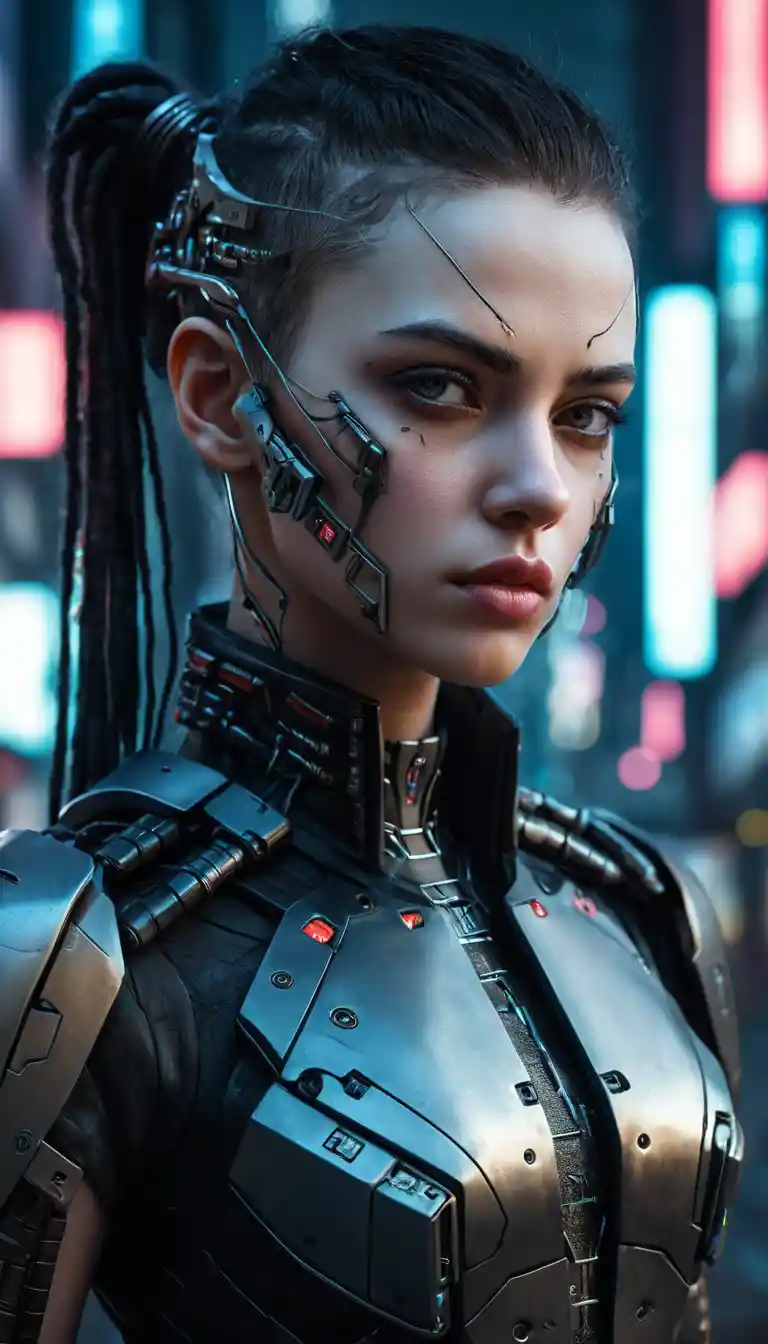 Cyberpunk warrior woman portrait in a twilight city