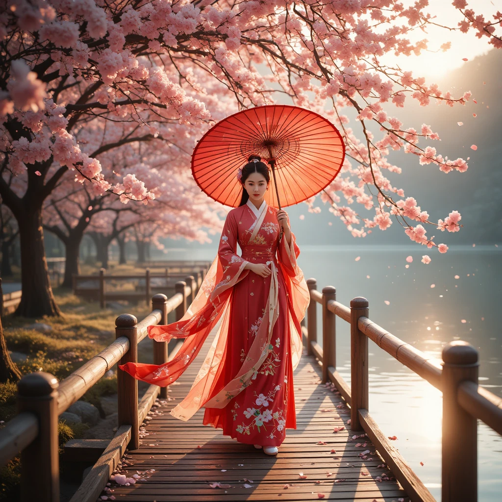 Woman in red hanfu walking with umbrella by the lake