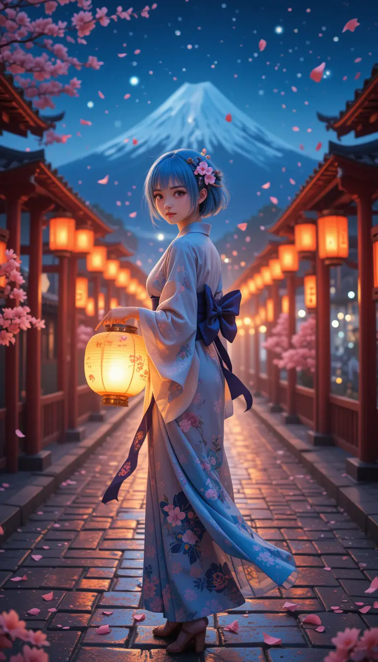 Anime girl in floral kimono with glowing lantern