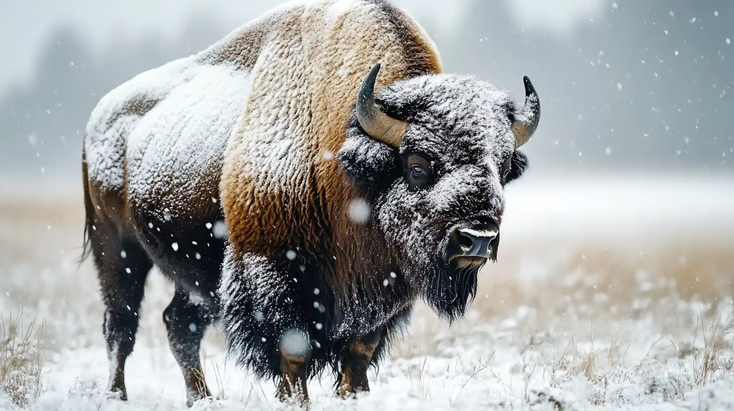 Maestoso bisonte solitario in un tranquillo campo innevato