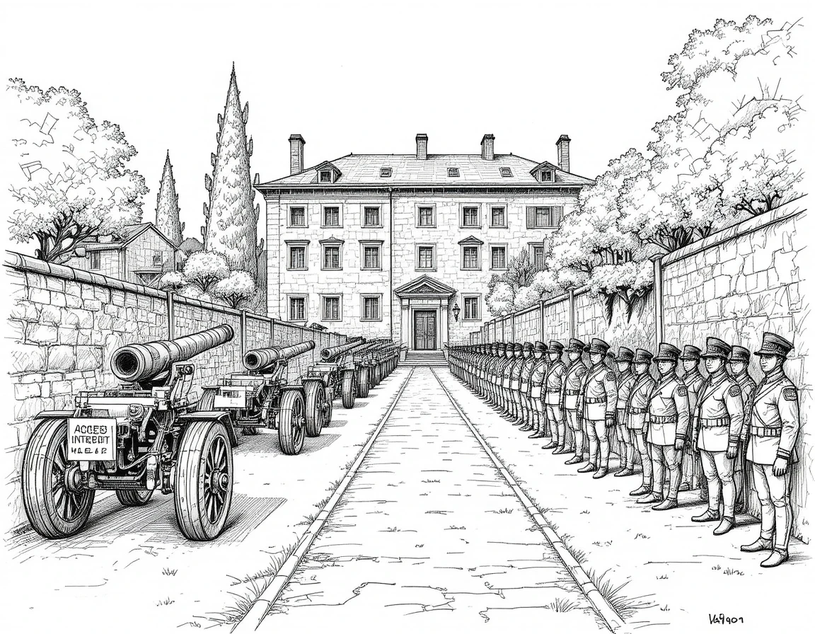Military trucks passing through an armed checkpoint near a villa