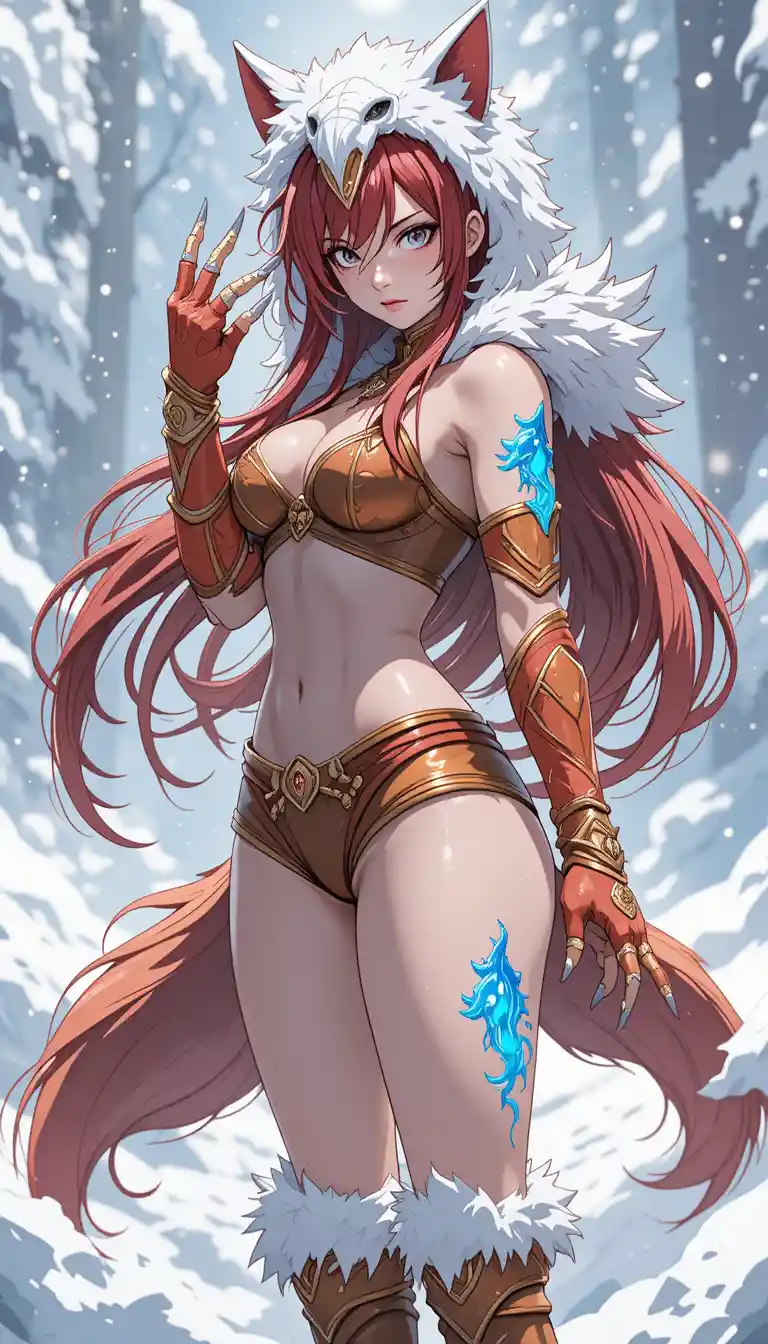 雪景色に佇む深紅の髪のアニメ女戦士