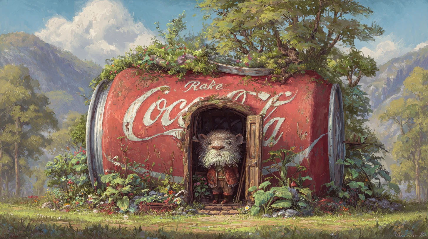 Vintage-Cola-Dosenhaus mit bärtiger Kreatur und Garten