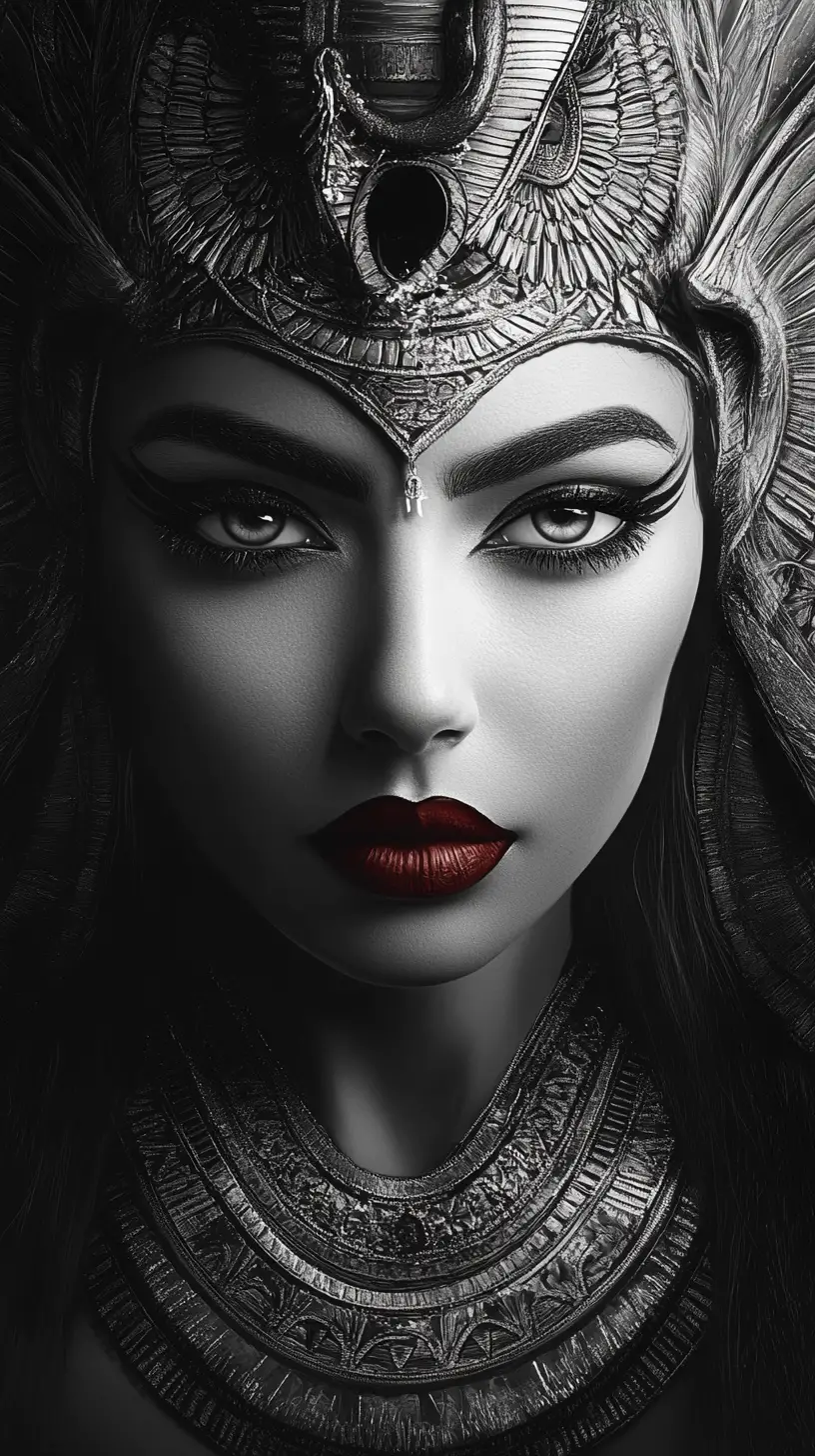 Majestic Egyptian goddess portrait in black and white illustration