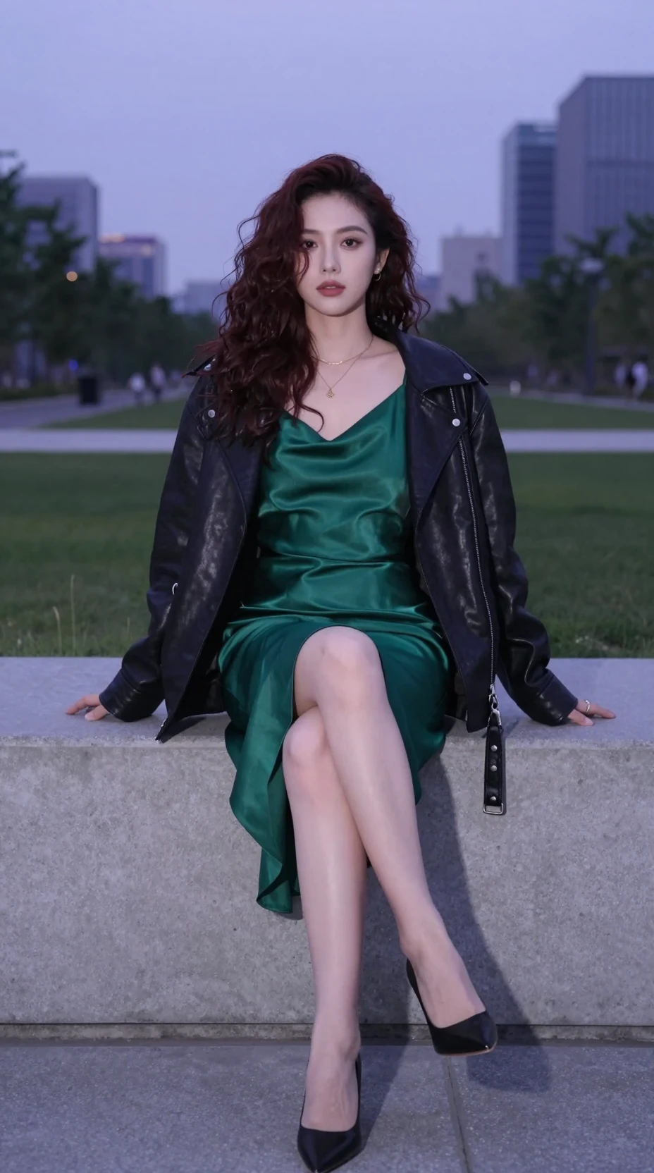 Femme en robe en satin vert au-dessus d’un parc urbain moderne
