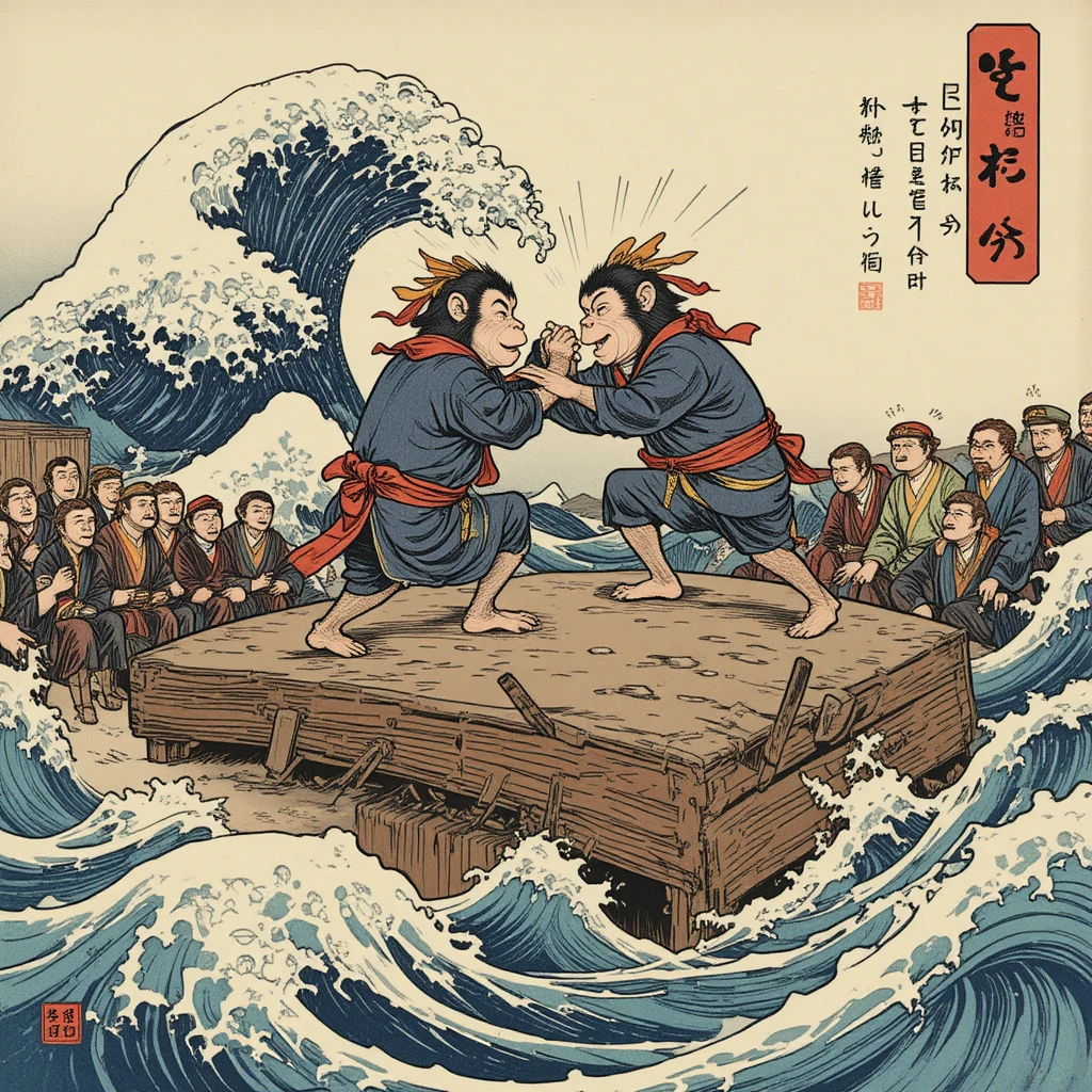 浮世絵の海辺で相撲を取る2匹のサル