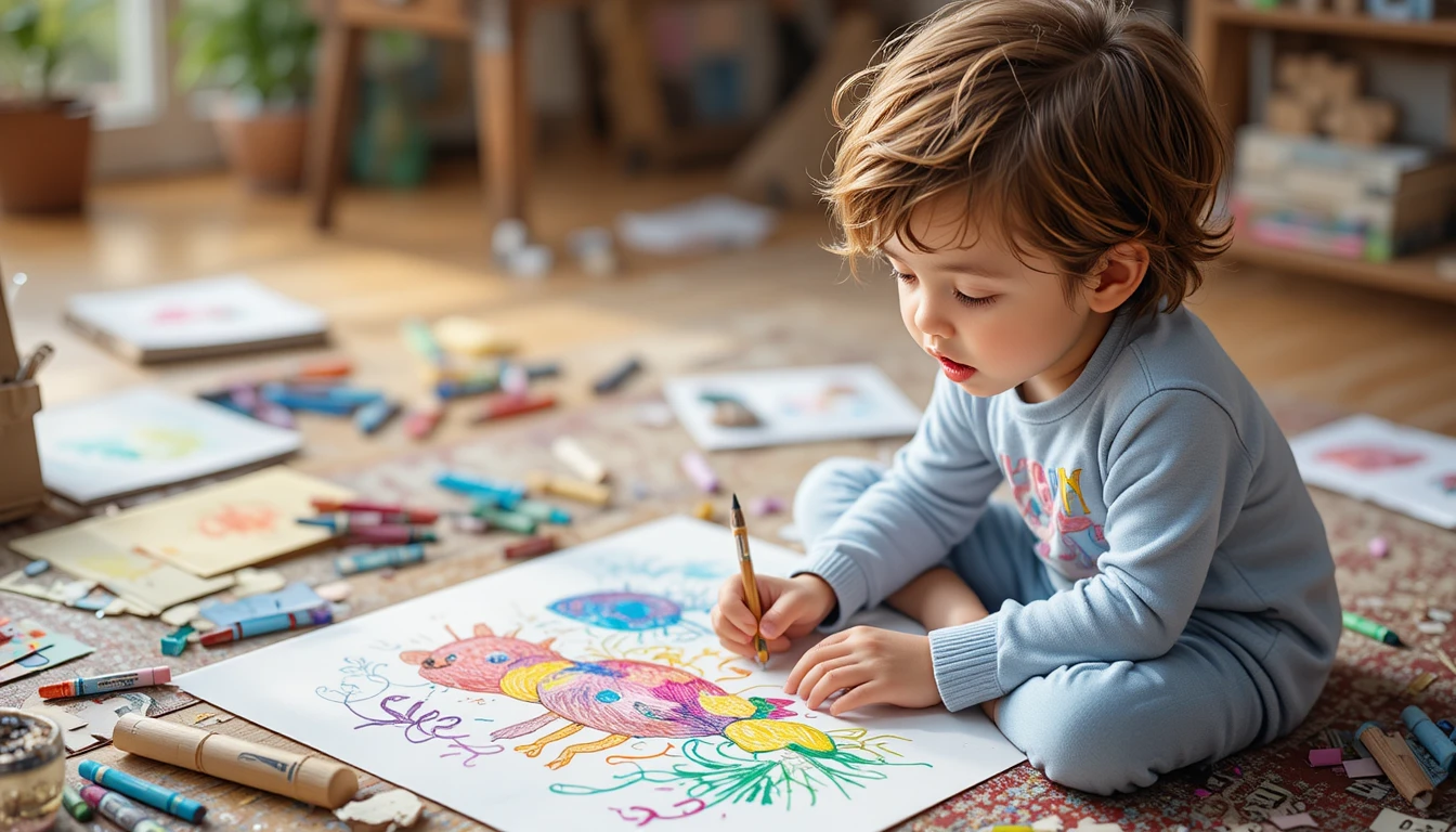 Bambino che disegna una creatura fantastica con pastelli colorati