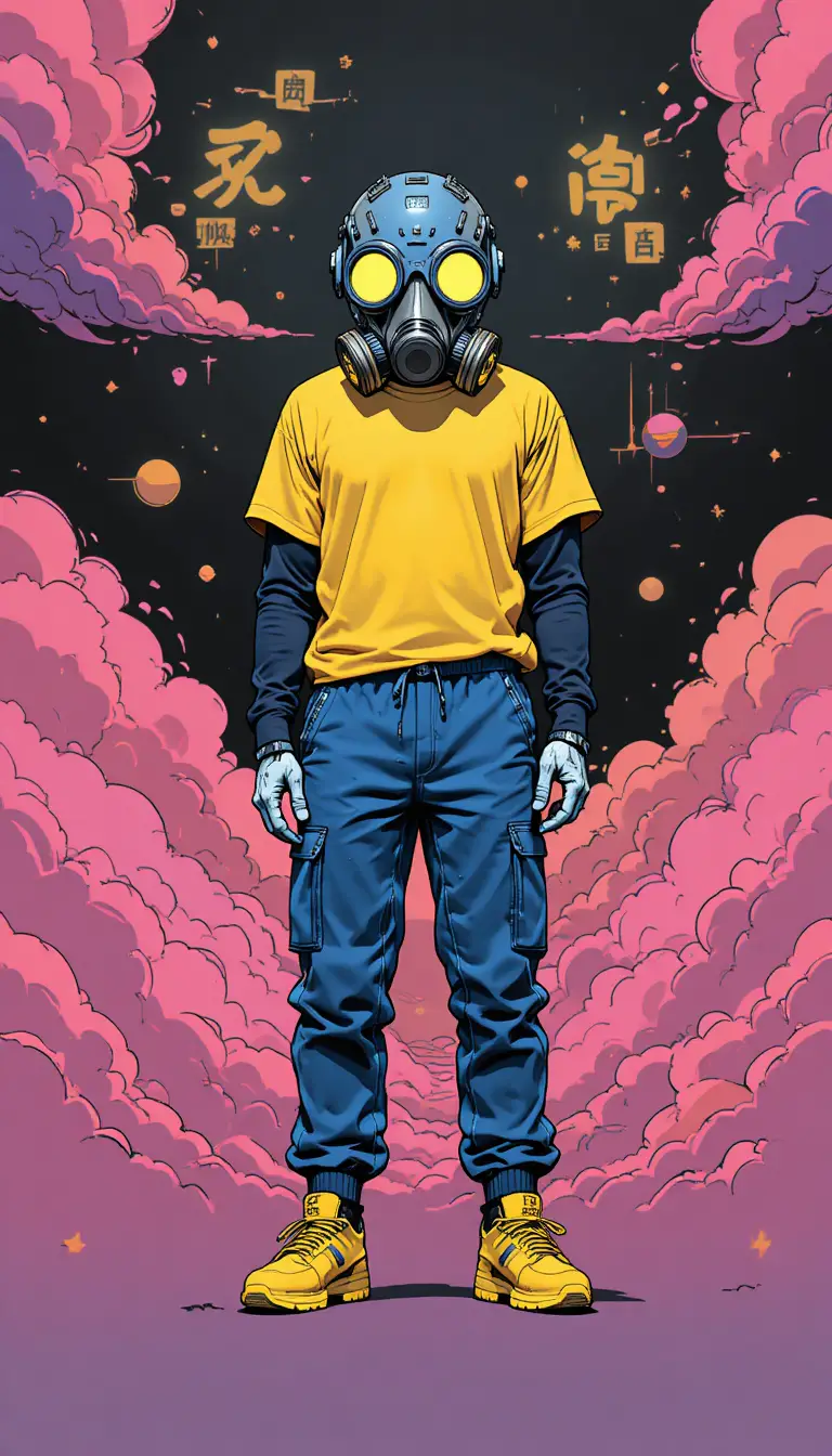 Humanoid In Respirator Helmet Amid Neon Pink Cloudscape