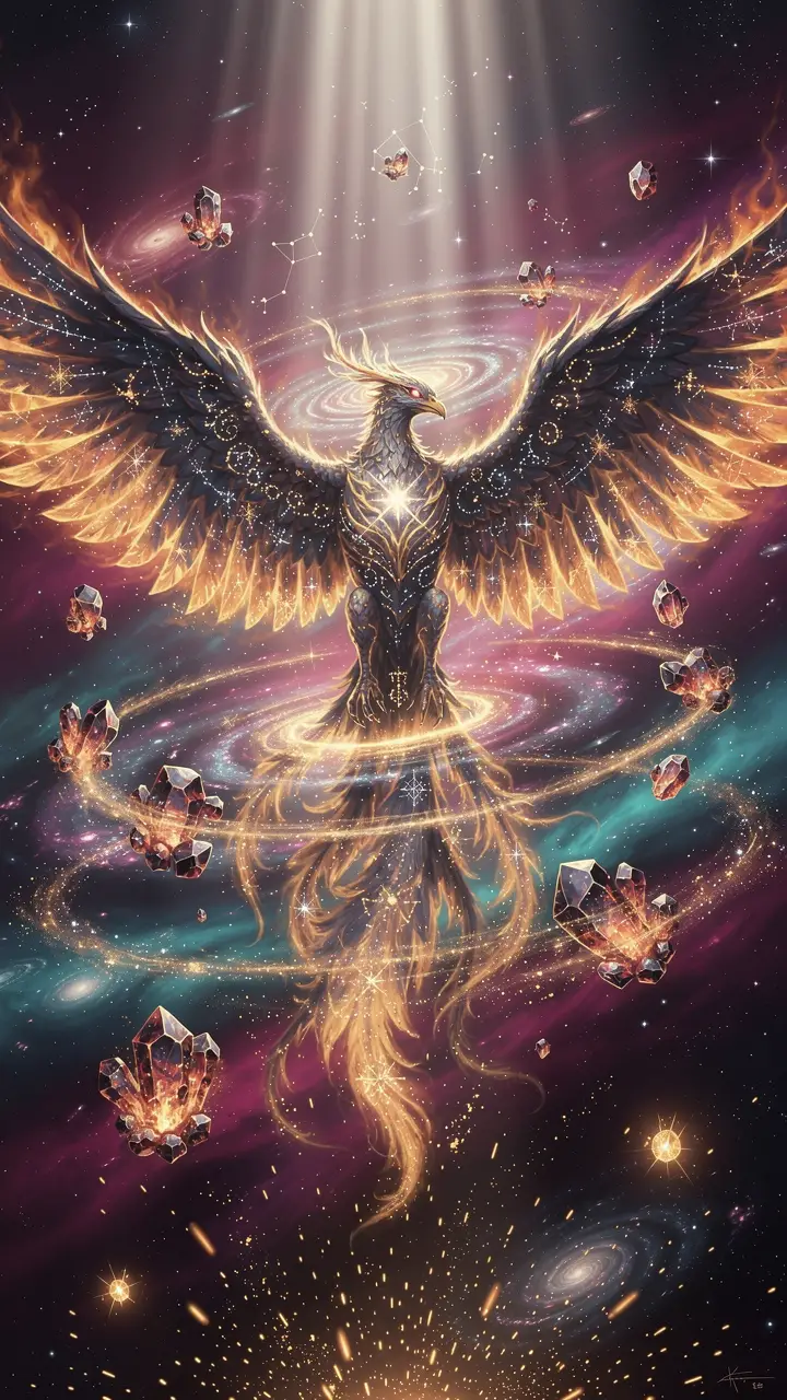 Fenice celestiale che si innalza attraverso una luminosa nebulosa cosmica
