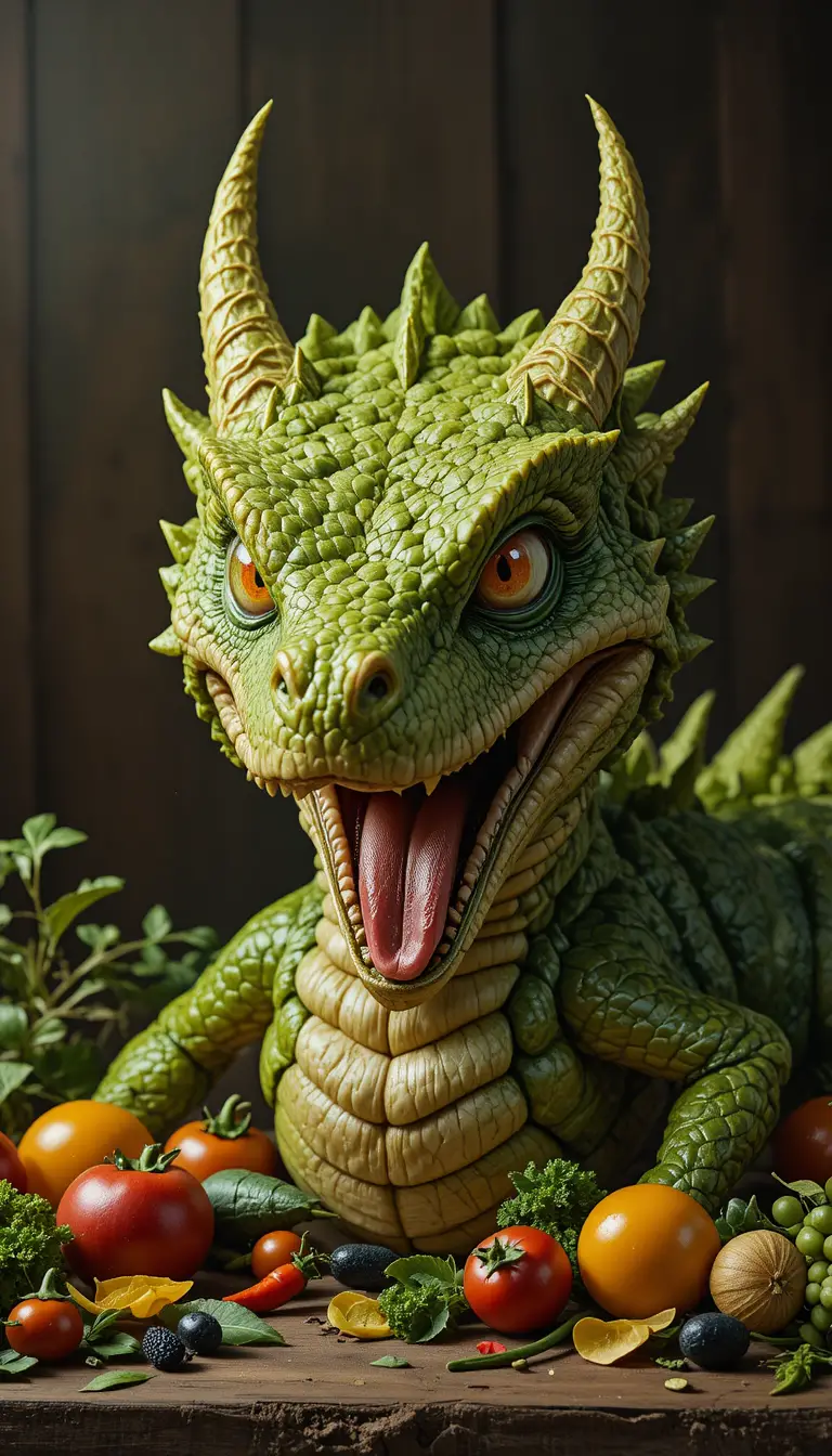 Macro vegetable dragon head on rustic wooden workbench