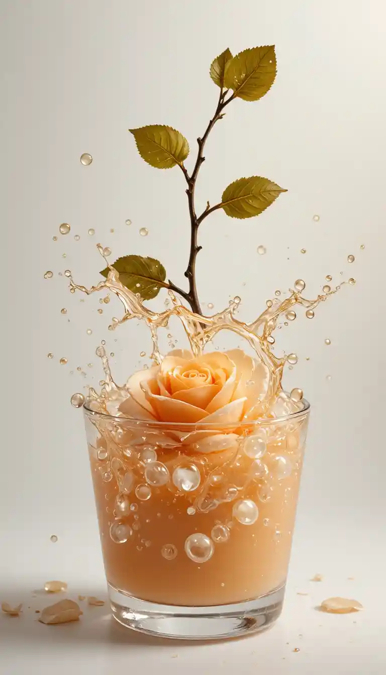 Ramo di rosa color crema che affonda in un dessert di budino alla pesca