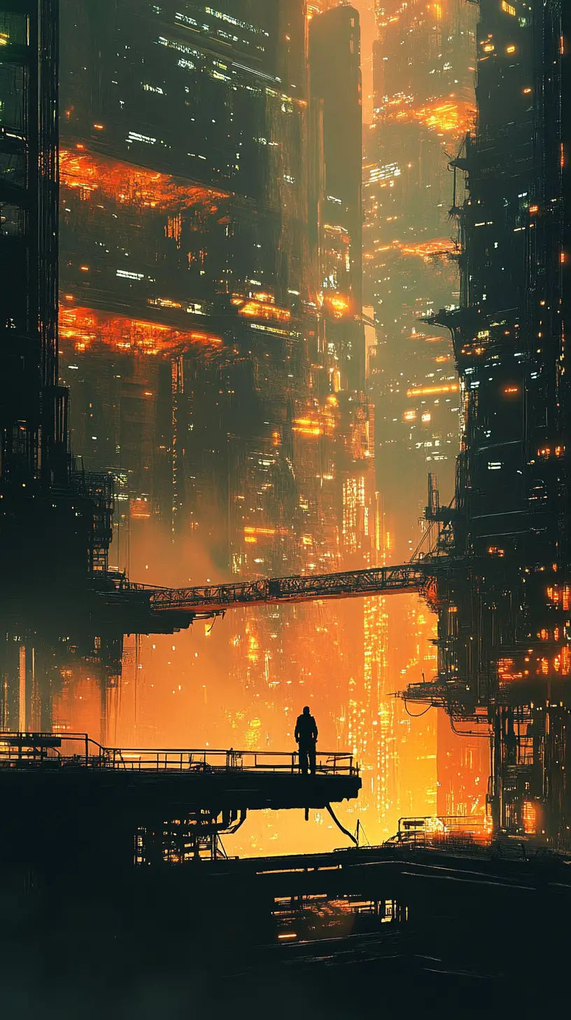 Futuristic floating city with glowing industrial decay at dusk